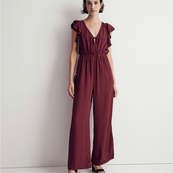 NWT Madewell Jacquard Deep-V Ruffled Jumpsuit Ruffle Maroon Bow Wide Leg Holiday - Picture 1 of 16
